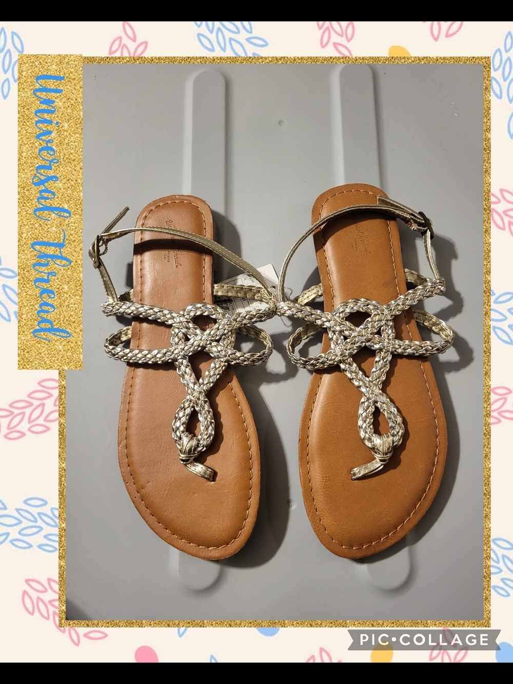 Universal Thread Braided Metallic T-Strap Sandals in Gold and Tan